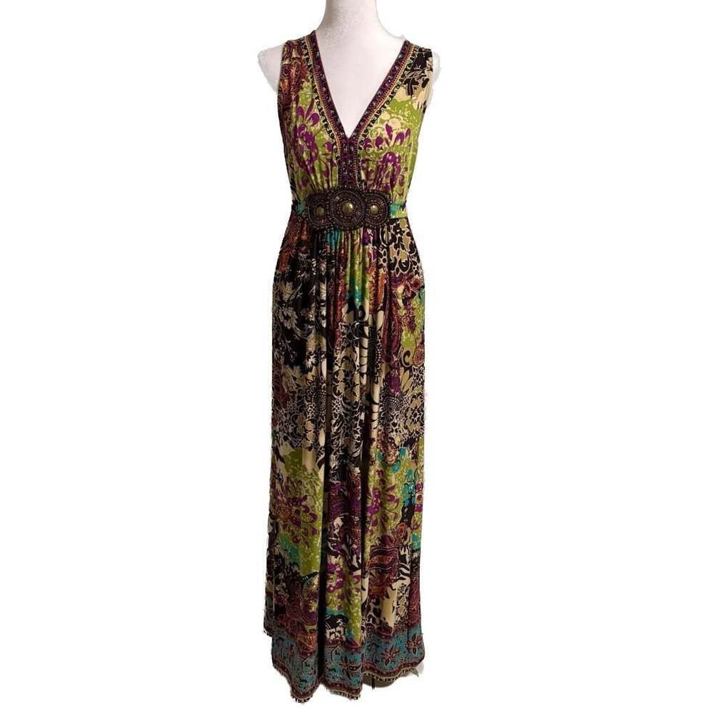 ECI Empire Waist Beaded Sleeveless Beaded Maxi Dress Y2K Boho Vacation Size 12